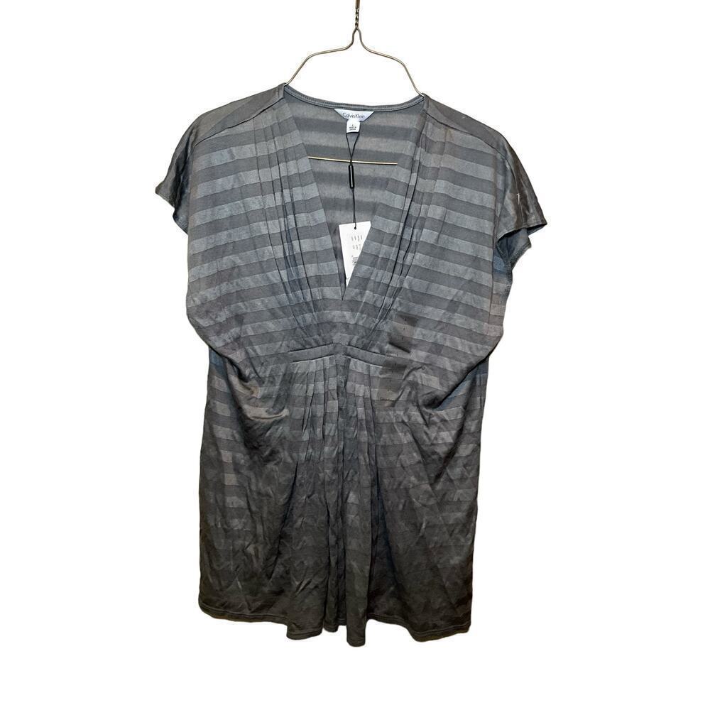 Calvin Klein‎ Top Women's Large Gray Striped Fleece Lined Pleated Sleeveless